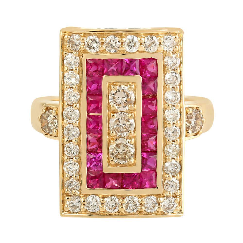 Princess Cut Ruby Channel Set Pave Diamond Wedding Ring 18K Solid Gold Jewelry