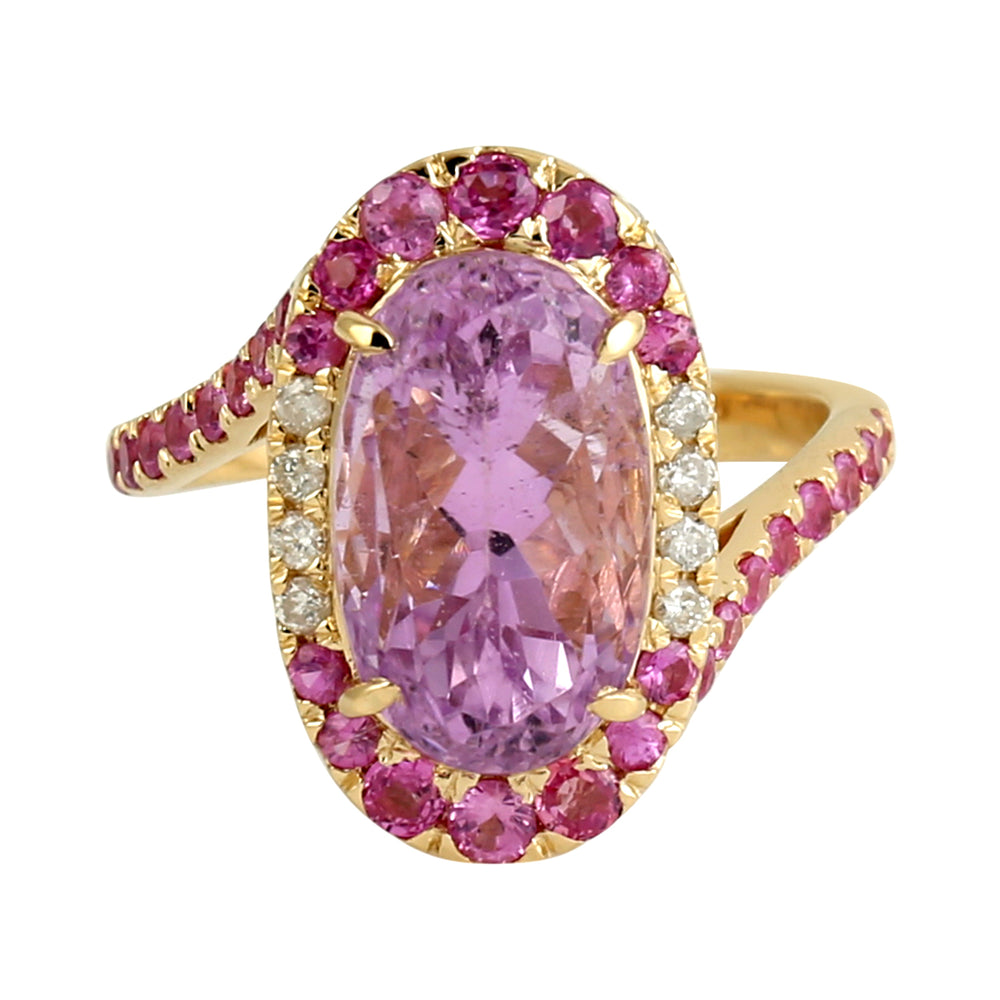 18K Yellow Gold Pink Sapphire & Diamond Halo Kunzite Cocktail Ring
