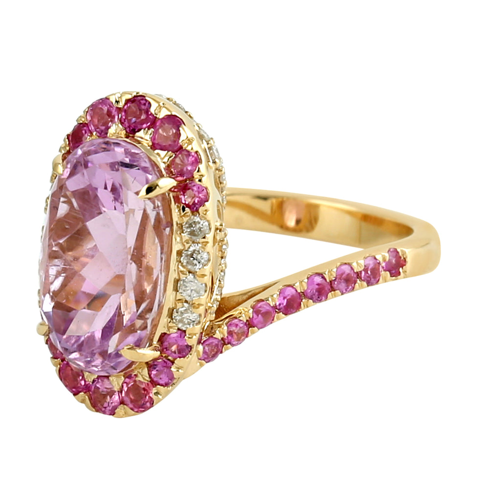 18K Yellow Gold Pink Sapphire & Diamond Halo Kunzite Cocktail Ring