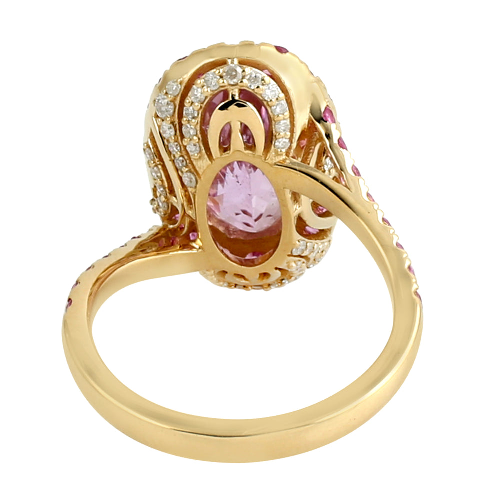 18K Yellow Gold Pink Sapphire & Diamond Halo Kunzite Cocktail Ring