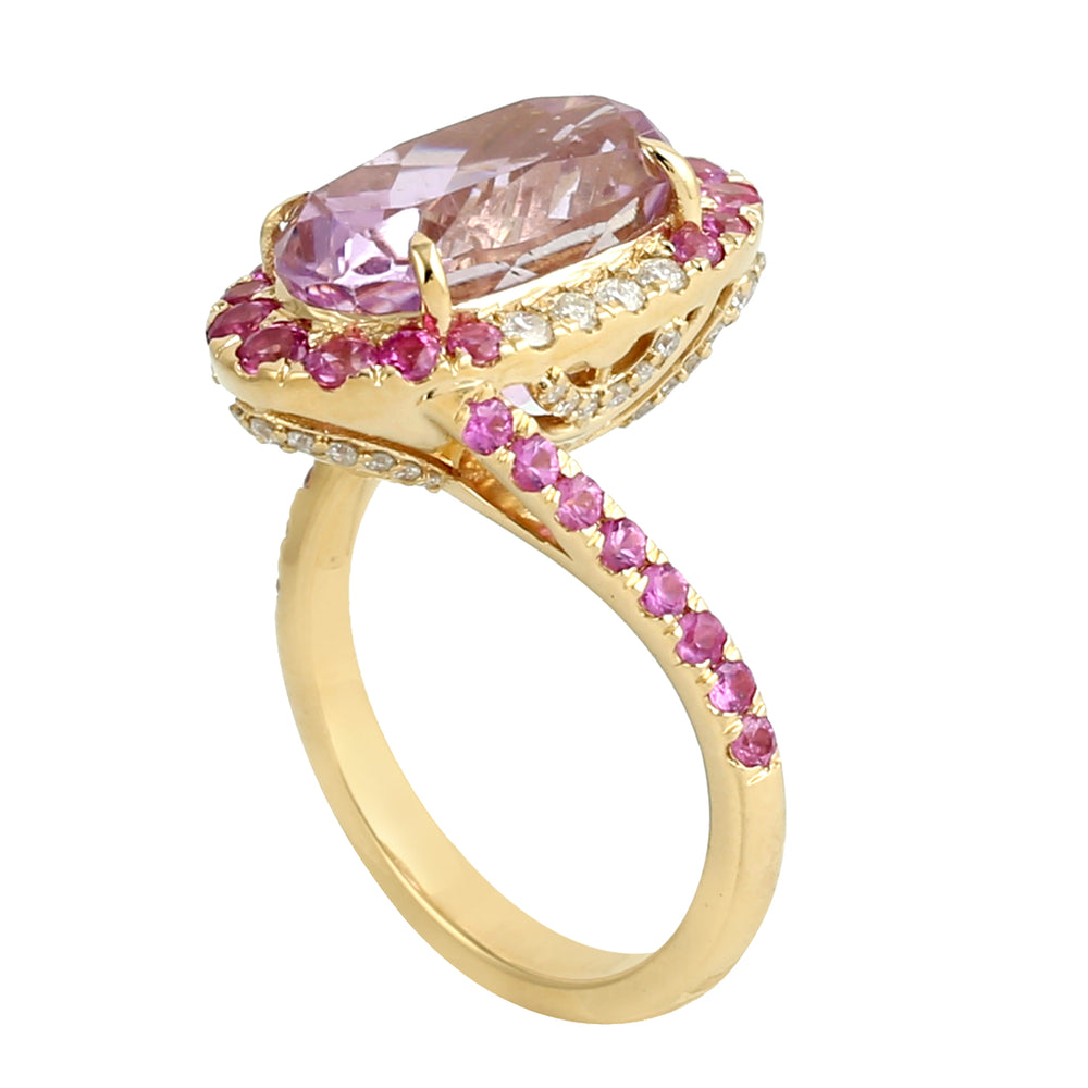 18K Yellow Gold Pink Sapphire & Diamond Halo Kunzite Cocktail Ring