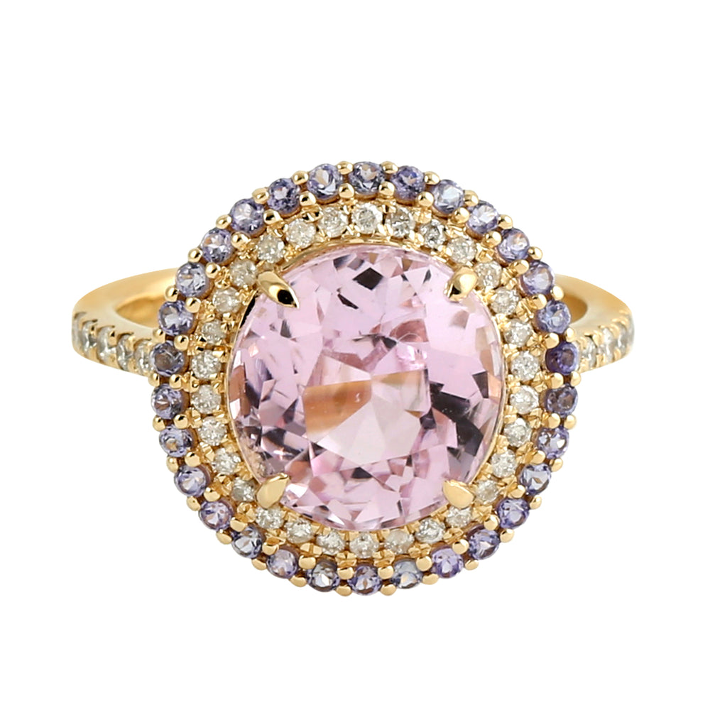 Round Cut Kunzite Pave Tanzanite Diamond Solitaire Ring In 18k Yellow Gold