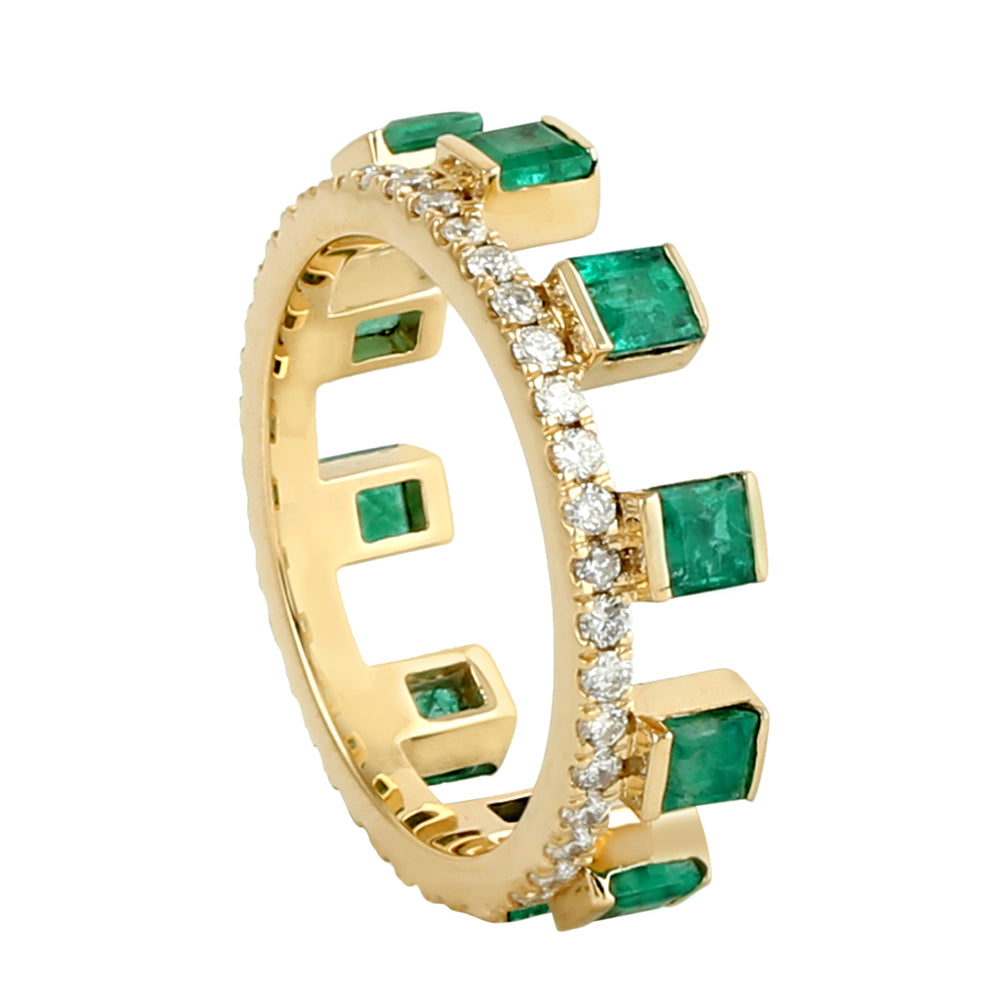 Square Cut Emerald May Birthstone Pave Diamond Tiara Band Ring In Gold