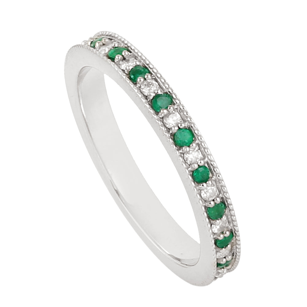 Natural Emerald Pave Diamond In 14K White Gold Band Ring For Women Gift