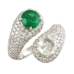 Natural Round Rose Cut Diamond Emerald Wedding Bypass Ring 18K White Gold Jewelry