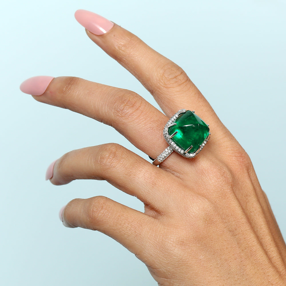 Emerald Gemstone Pave Diamond Dome Cocktail Ring In White Gold