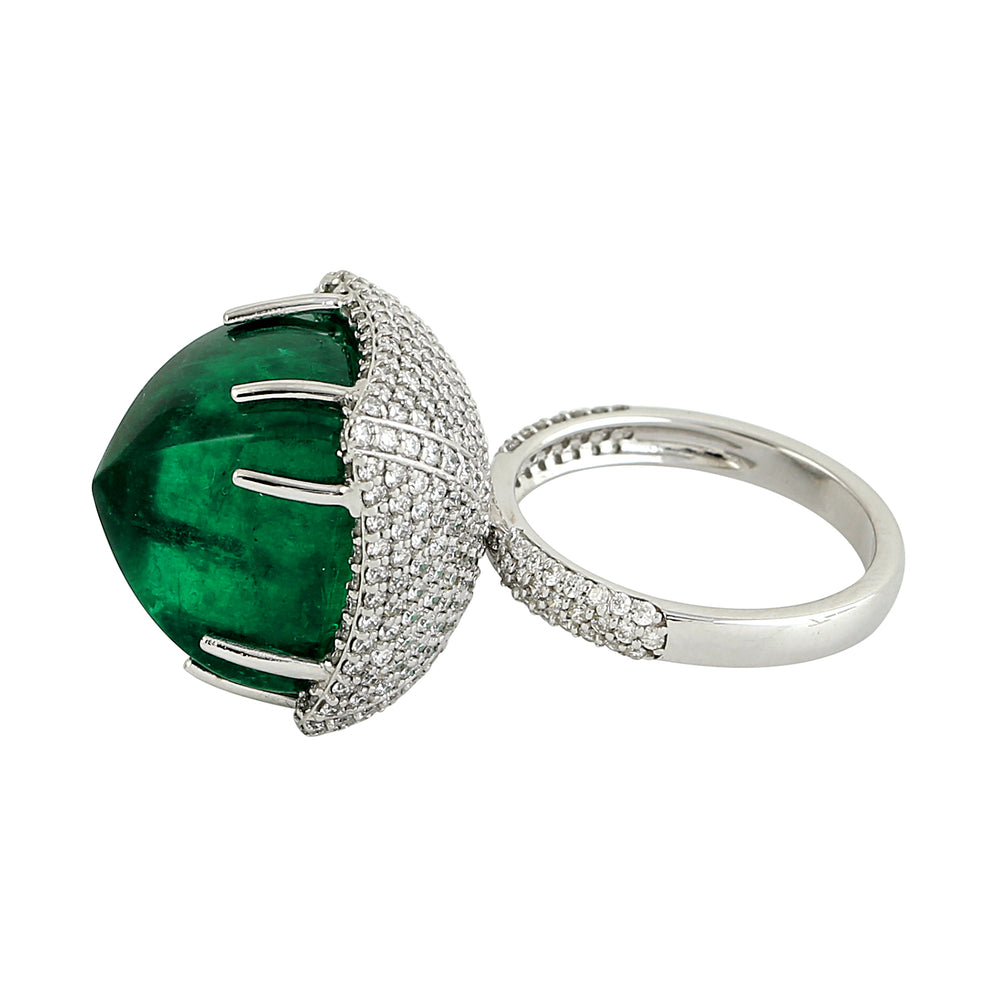 Emerald Gemstone Pave Diamond Dome Cocktail Ring In White Gold