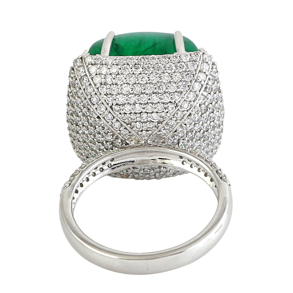 Emerald Gemstone Pave Diamond Dome Cocktail Ring In White Gold