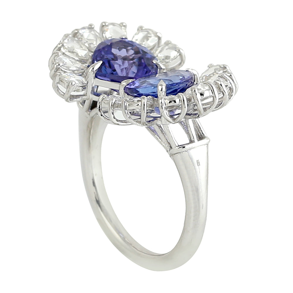 Rose Cut Diamond Beautiful Heart Tanzanite Open Cuff Ring In 18k White Gold