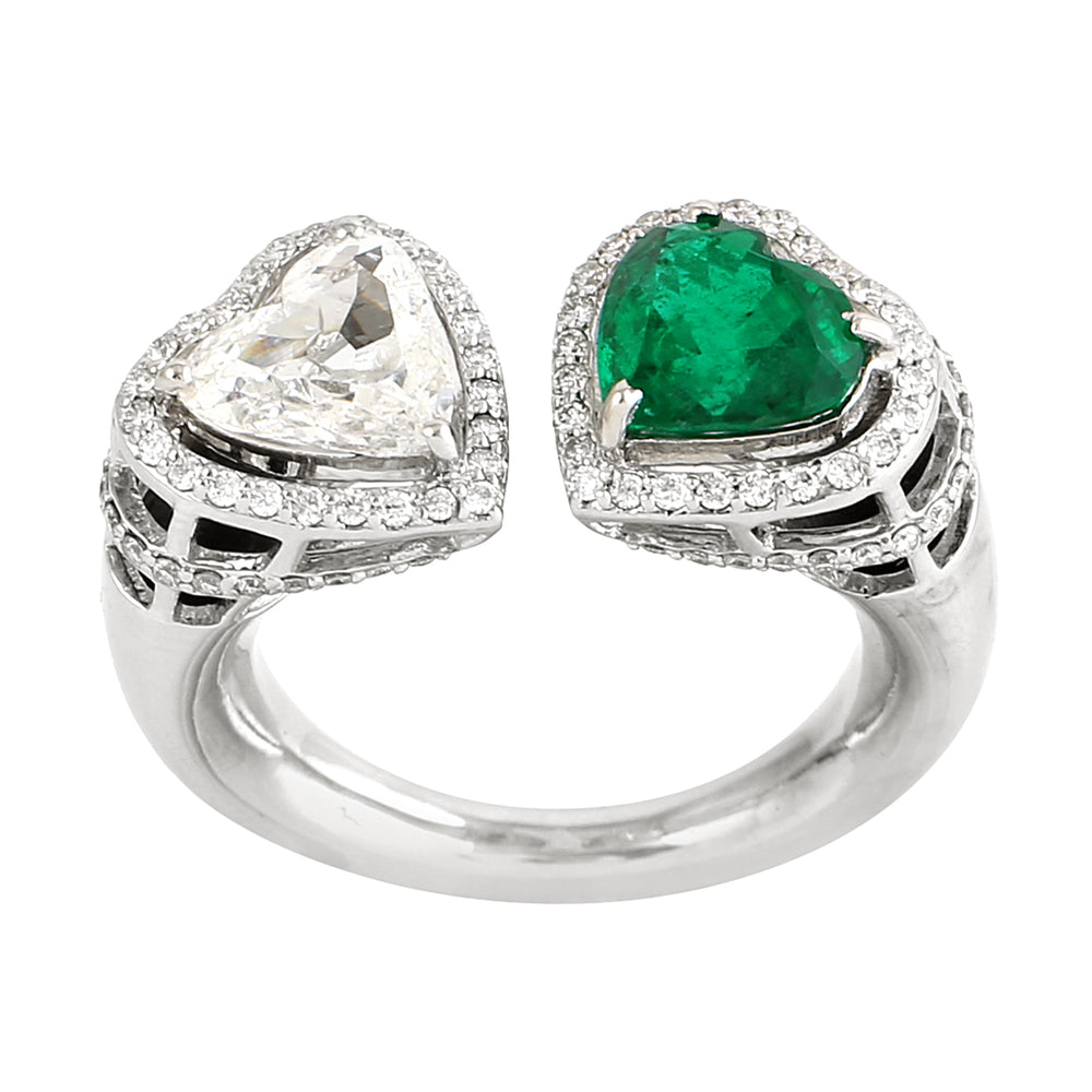 Heart Cut Emerald & Diamond Pave Diamond Open Ring in 18k White Gold For Wedding