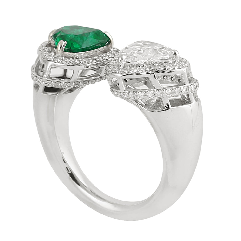 Heart Cut Emerald & Diamond Pave Diamond Open Ring in 18k White Gold