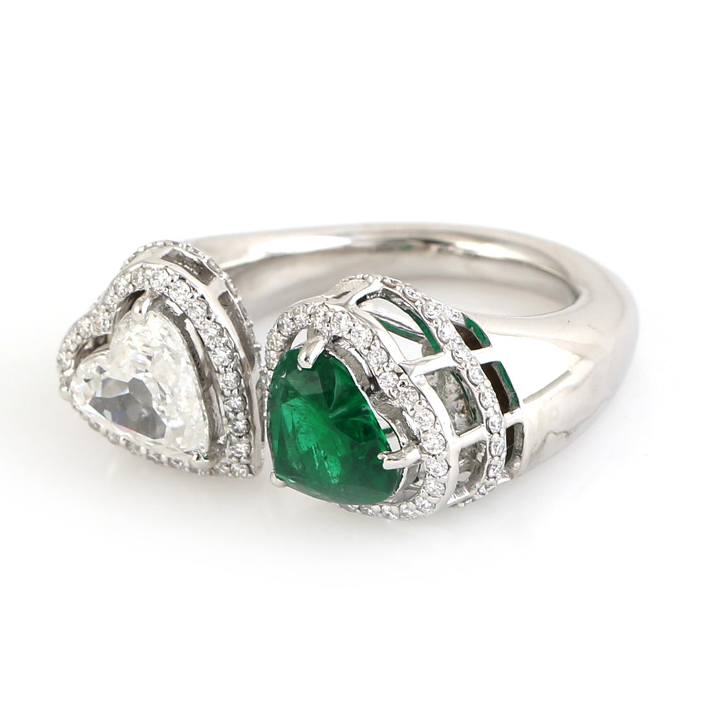 Heart Cut Emerald & Diamond Pave Diamond Open Ring in 18k White Gold