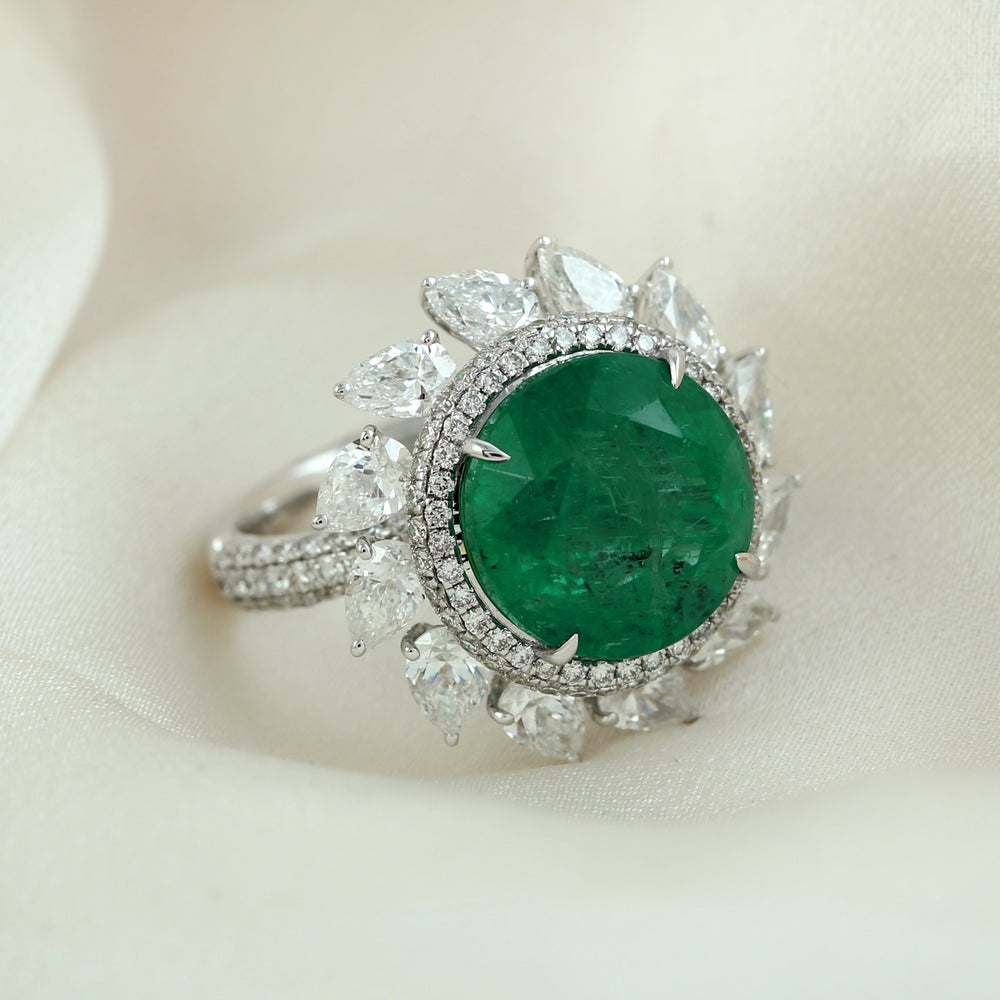 Round Cut Emerald Halo Rose Cut Diamond Cocktail Ring in 18k White Gold