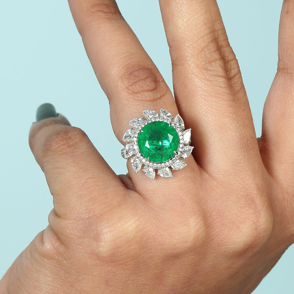 Round Cut Emerald Halo Rose Cut Diamond Cocktail Ring in 18k White Gold