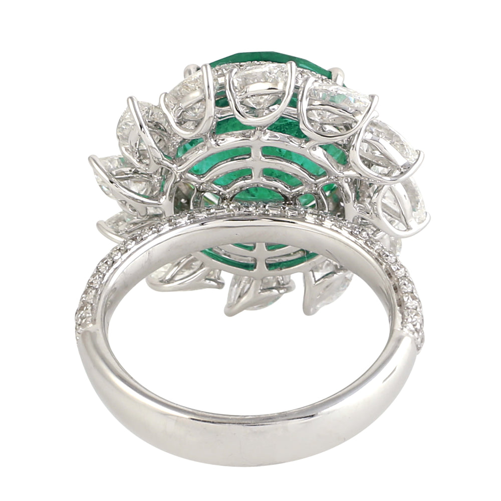 Round Cut Emerald Halo Rose Cut Diamond Cocktail Ring in 18k White Gold