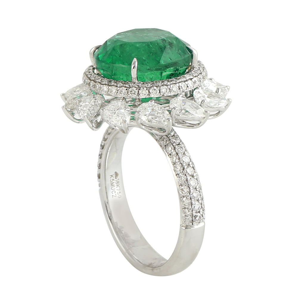 Round Cut Emerald Halo Rose Cut Diamond Cocktail Ring in 18k White Gold
