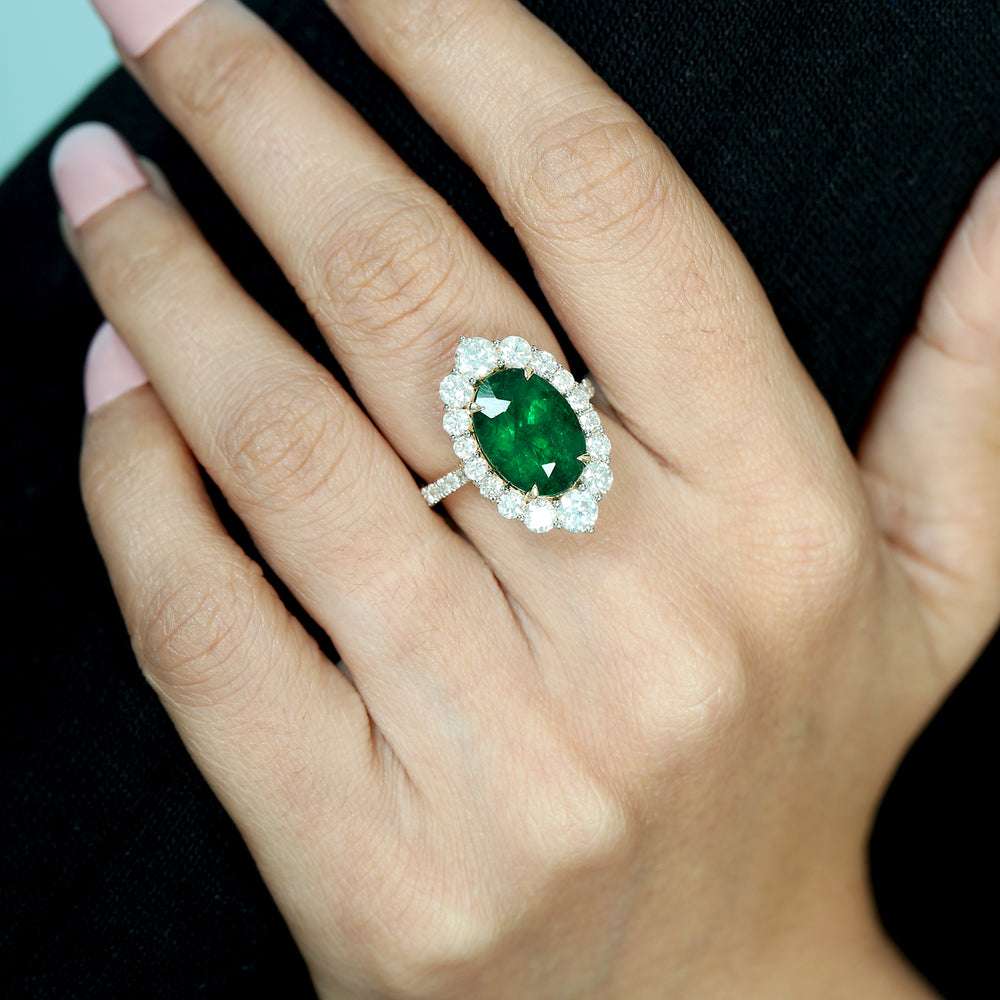 Oval Cut Emerald Rose Cut Diamond Halo Cocktail Ring In 18k Yellow Gold