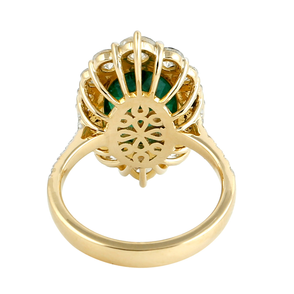 Oval Cut Emerald Rose Cut Diamond Halo Cocktail Ring In 18k Yellow Gold