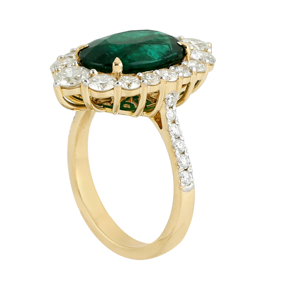 Oval Cut Emerald Rose Cut Diamond Halo Cocktail Ring In 18k Yellow Gold