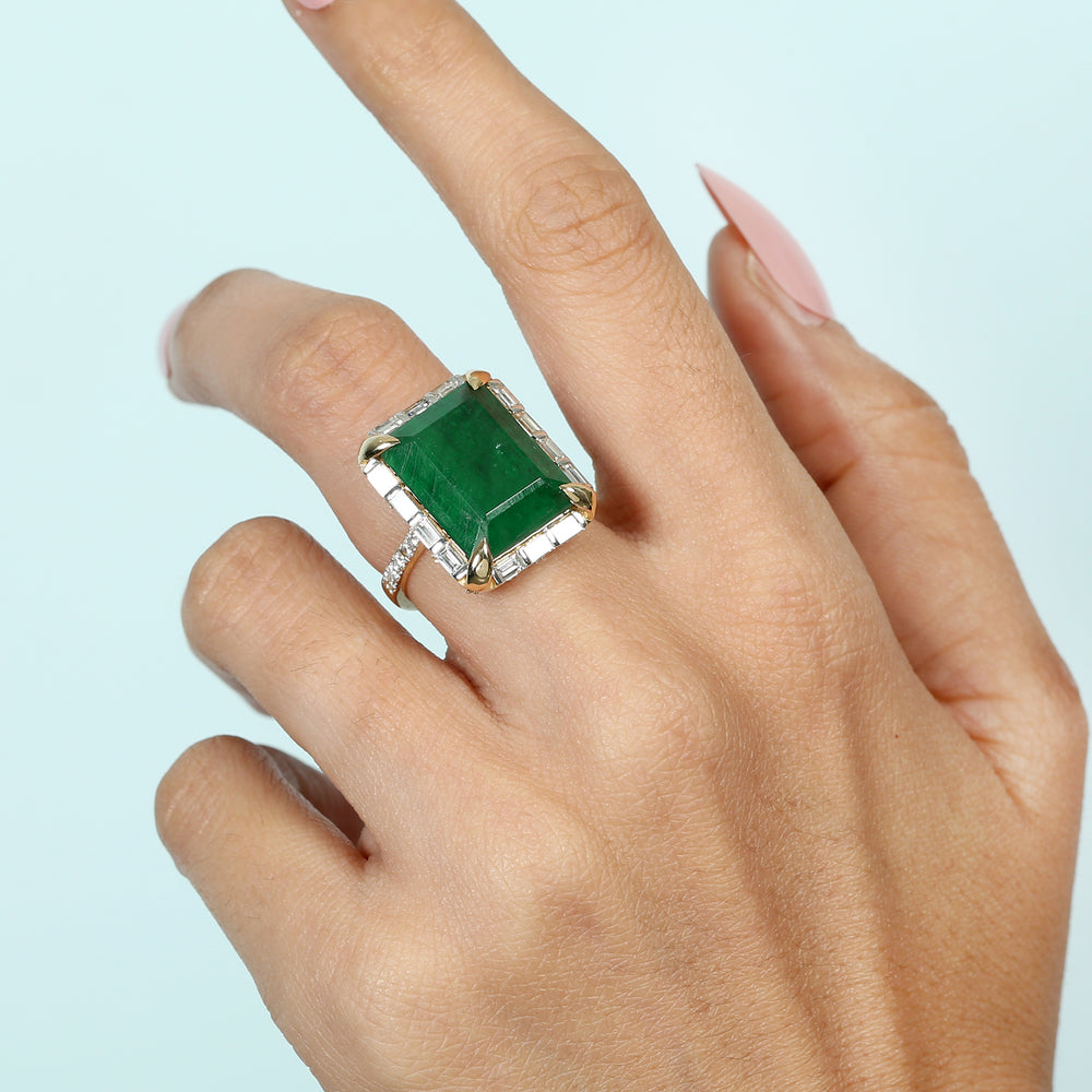 Baguette Cut Diamond Emerald Cut Emerald Gemstone In Gold Cocktail Ring