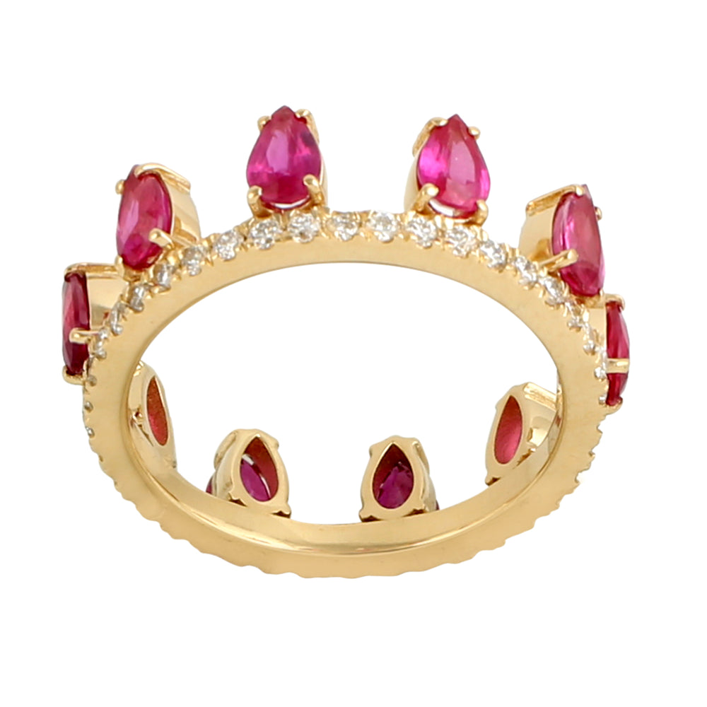 Pear Cut Ruby Pave Diamond Tiara Design 18k Yellow Gold Ring Jewelry