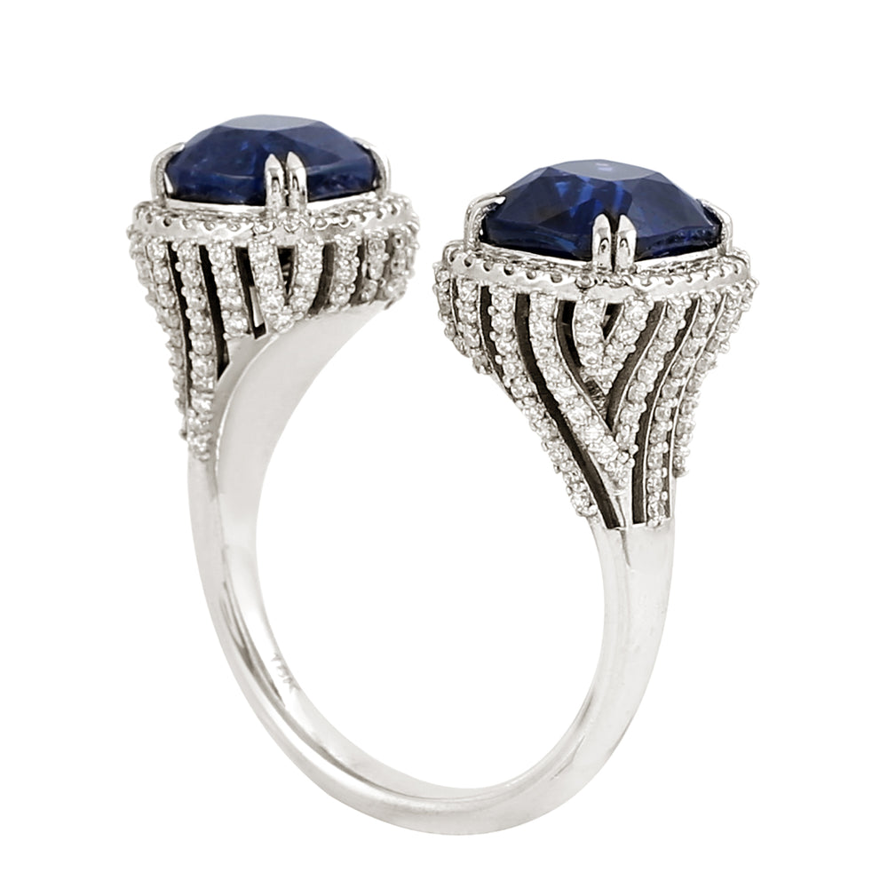Micro Pave Diamond Faceted Sapphire Gemstone Open Cuff Ring In White Gold