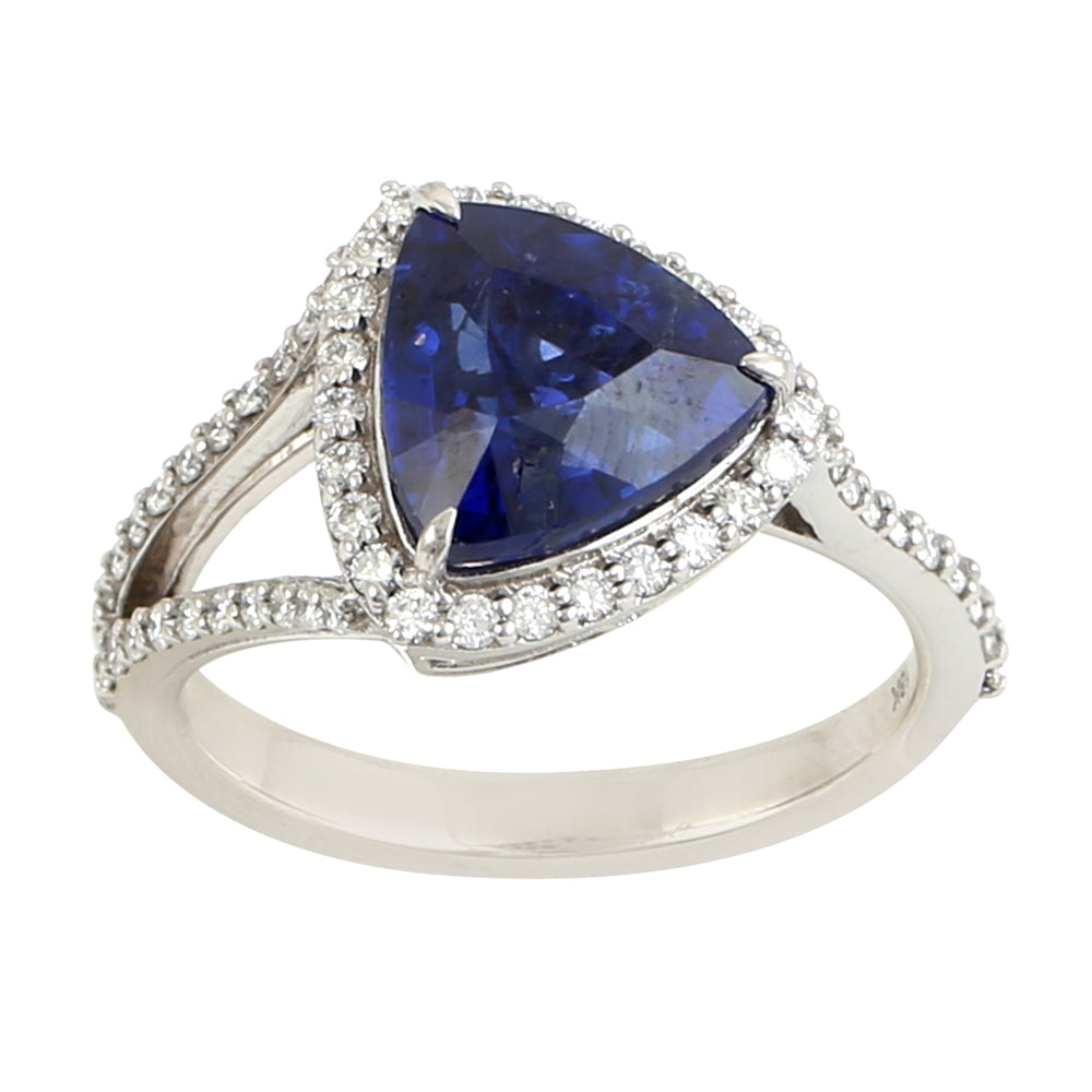 Trillion Cut Blue Sapphire Pave Diamond 18k White Gold Designer Ring For Women