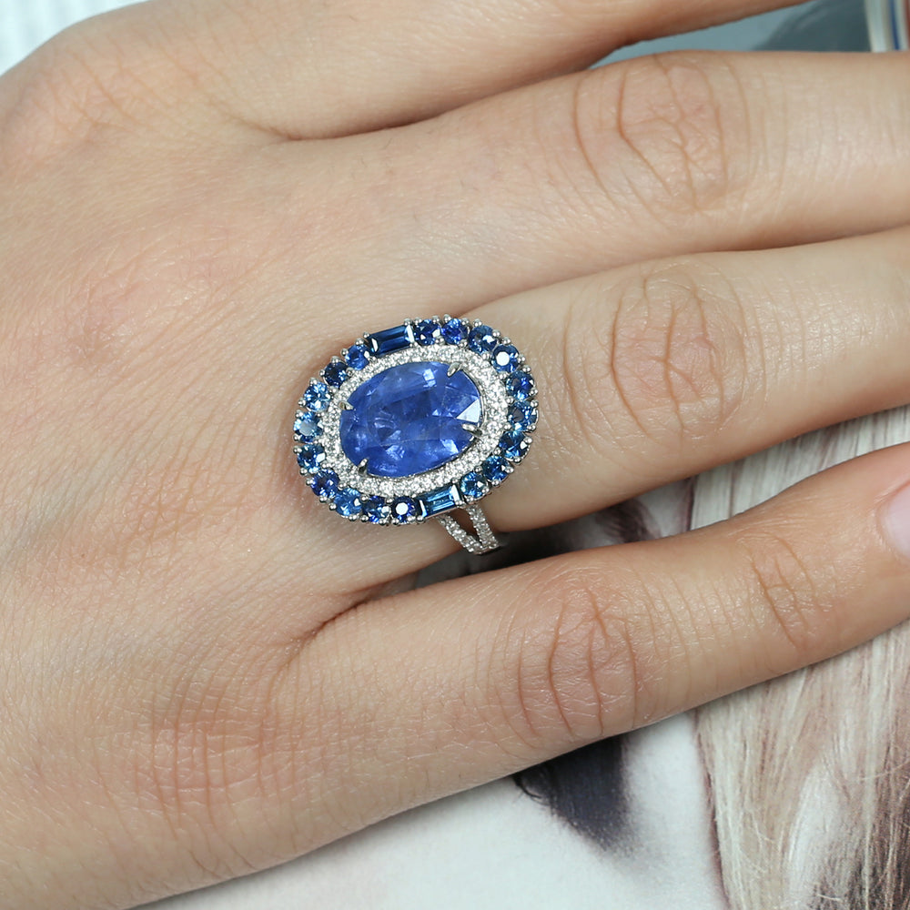 Faceted Blue Sapphire Pave Diamond Cocktail Ring In 18k White Gold Wedding Gift