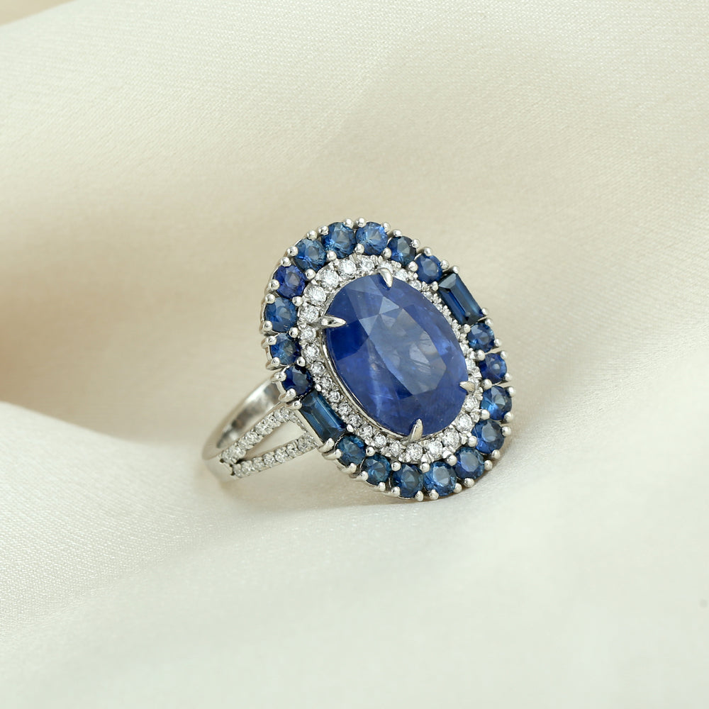 Faceted Blue Sapphire Pave Diamond Cocktail Ring In 18k White Gold Wedding Gift