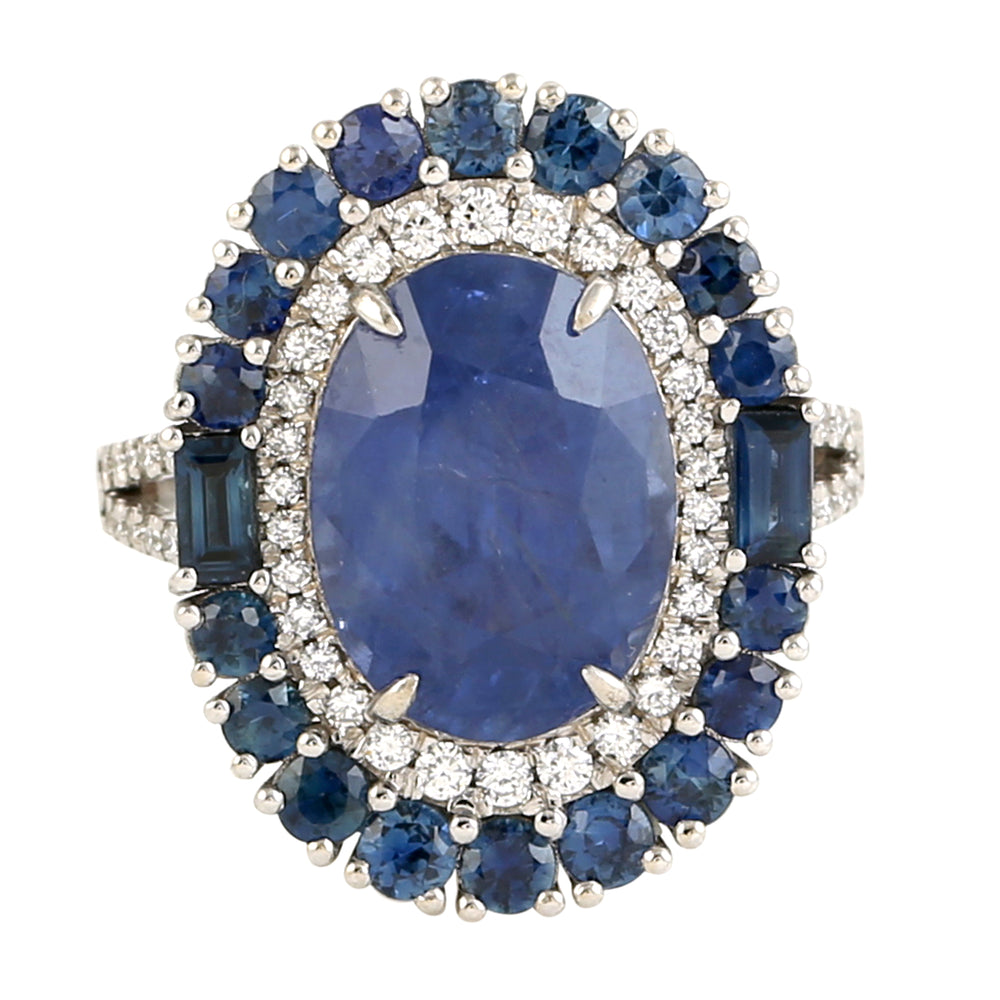Faceted Blue Sapphire Pave Diamond Cocktail Ring In 18k White Gold Wedding Gift