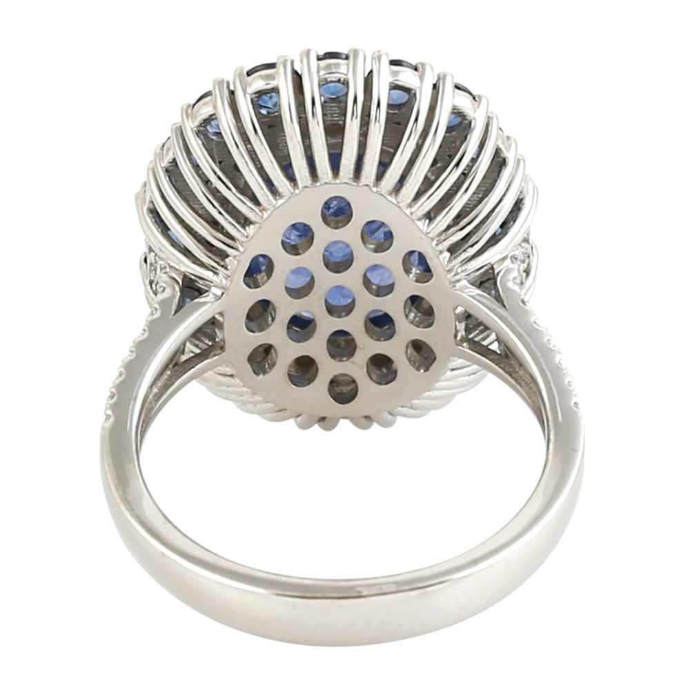 Faceted Blue Sapphire Pave Diamond Cocktail Ring In 18k White Gold Wedding Gift