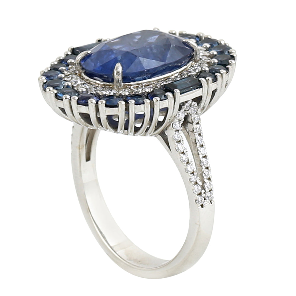 Faceted Blue Sapphire Pave Diamond Cocktail Ring In 18k White Gold Wedding Gift