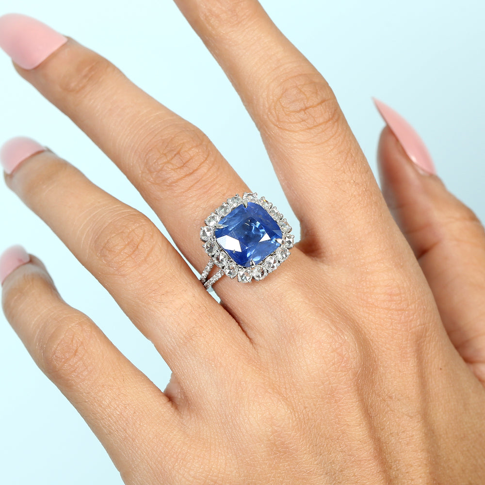 Faceted Rose Cut Diamond Blue Sapphire Halo Anniversary Ring In White Gold