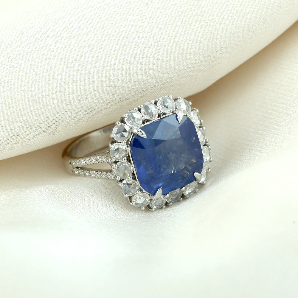 Faceted Rose Cut Diamond Blue Sapphire Halo Anniversary Ring In White Gold