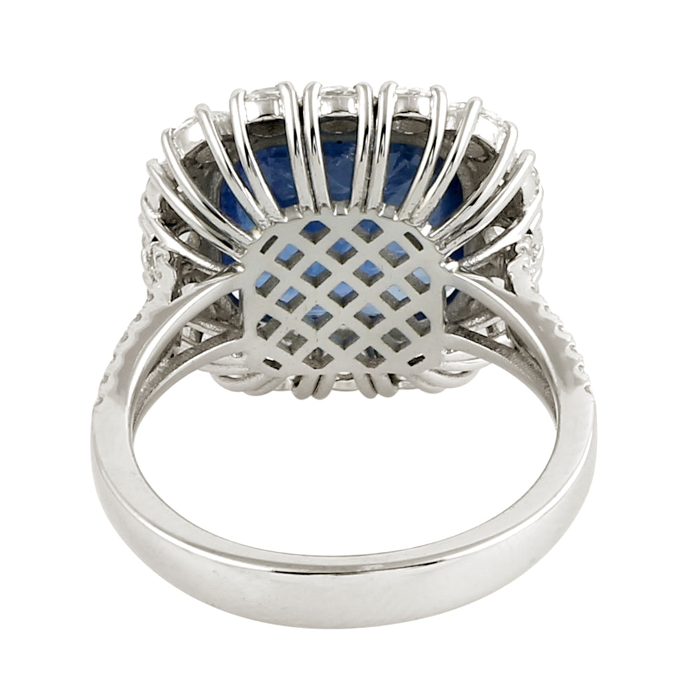 Faceted Rose Cut Diamond Blue Sapphire Halo Anniversary Ring In White Gold