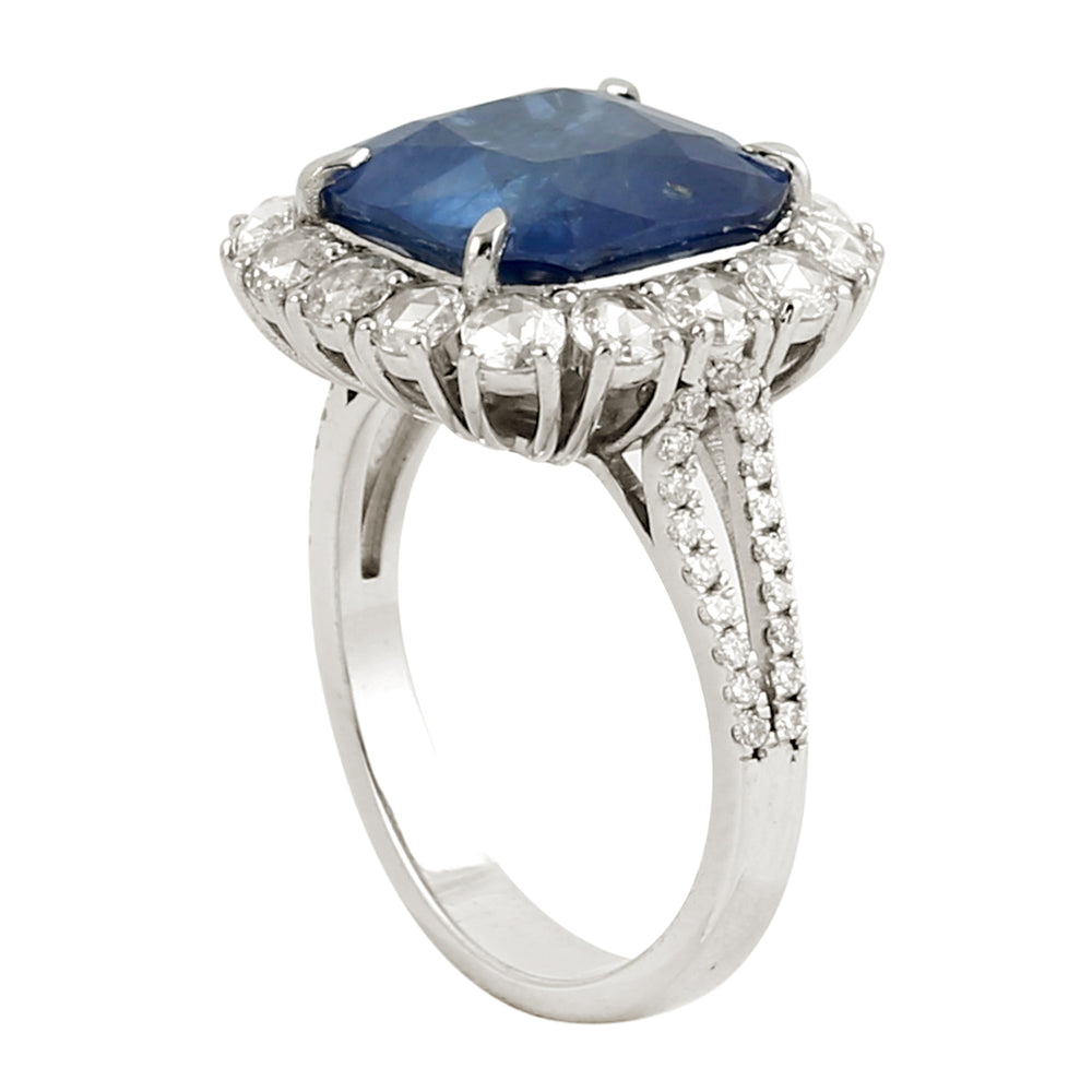 Faceted Rose Cut Diamond Blue Sapphire Halo Anniversary Ring In White Gold