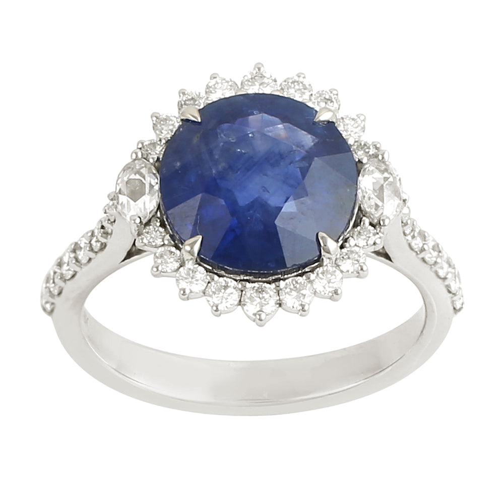 Blue Sapphire Prong Diamond Handmade Solitaire Ring In White Gold