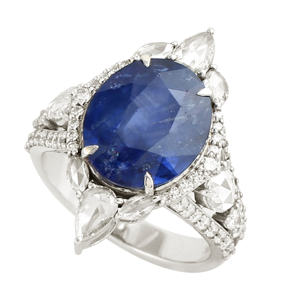 Blue Sapphire Rose Cut Diamond In 18K White Gold Solitaire Ring For Her