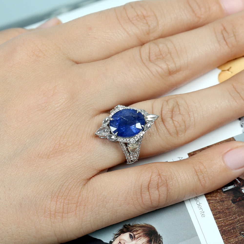 Blue Sapphire Rose Cut Diamond In 18K White Gold Solitaire Ring For Her