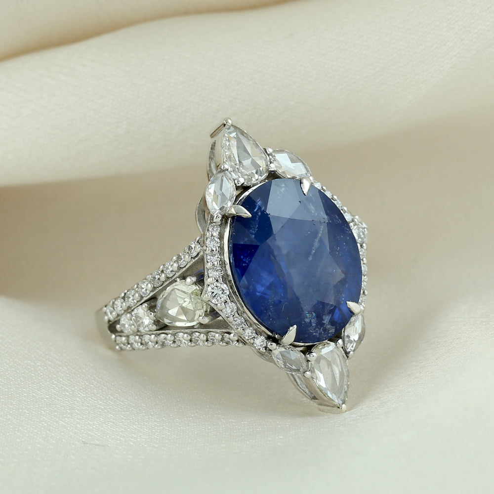 Blue Sapphire Rose Cut Diamond In 18K White Gold Solitaire Ring For Her