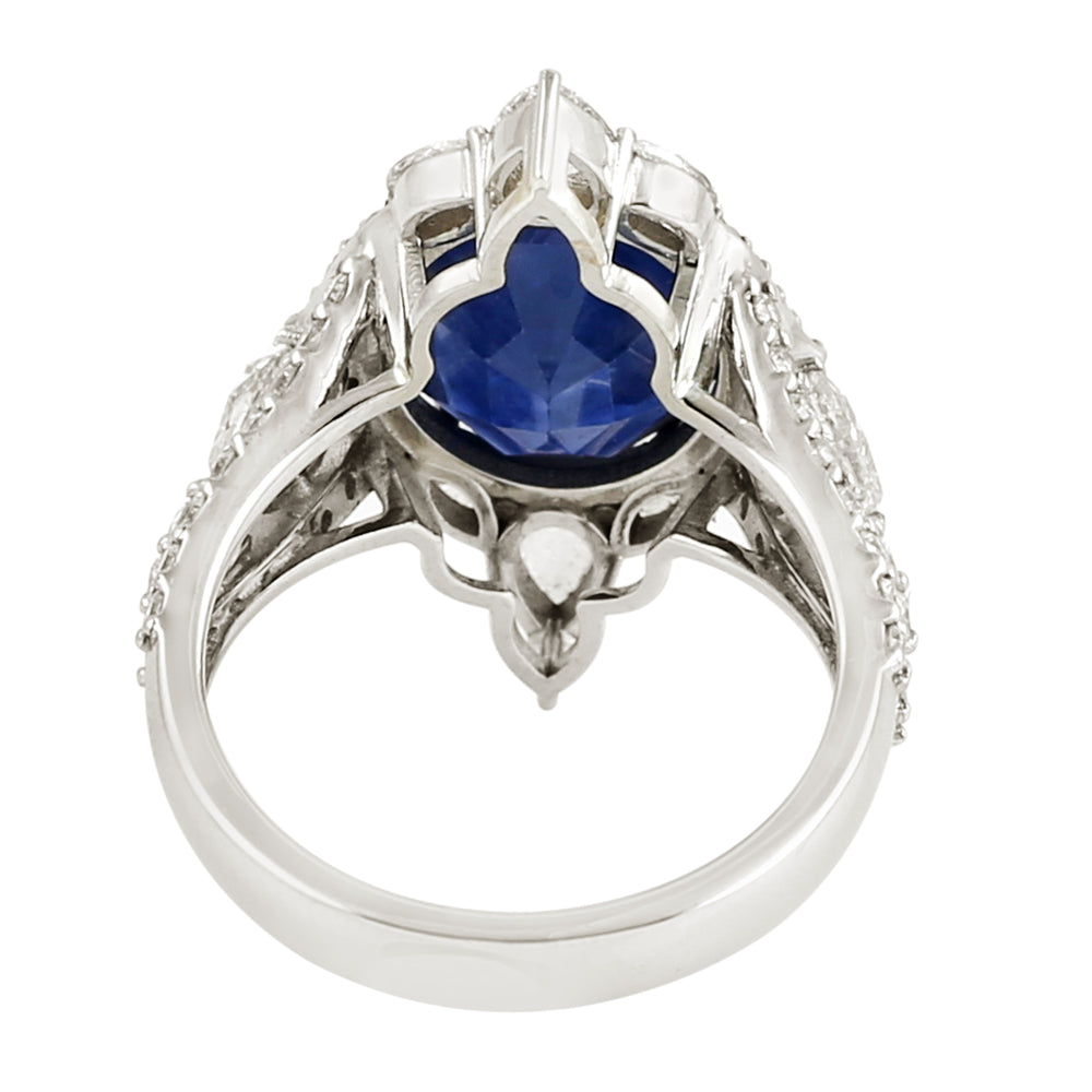 Blue Sapphire Rose Cut Diamond In 18K White Gold Solitaire Ring For Her
