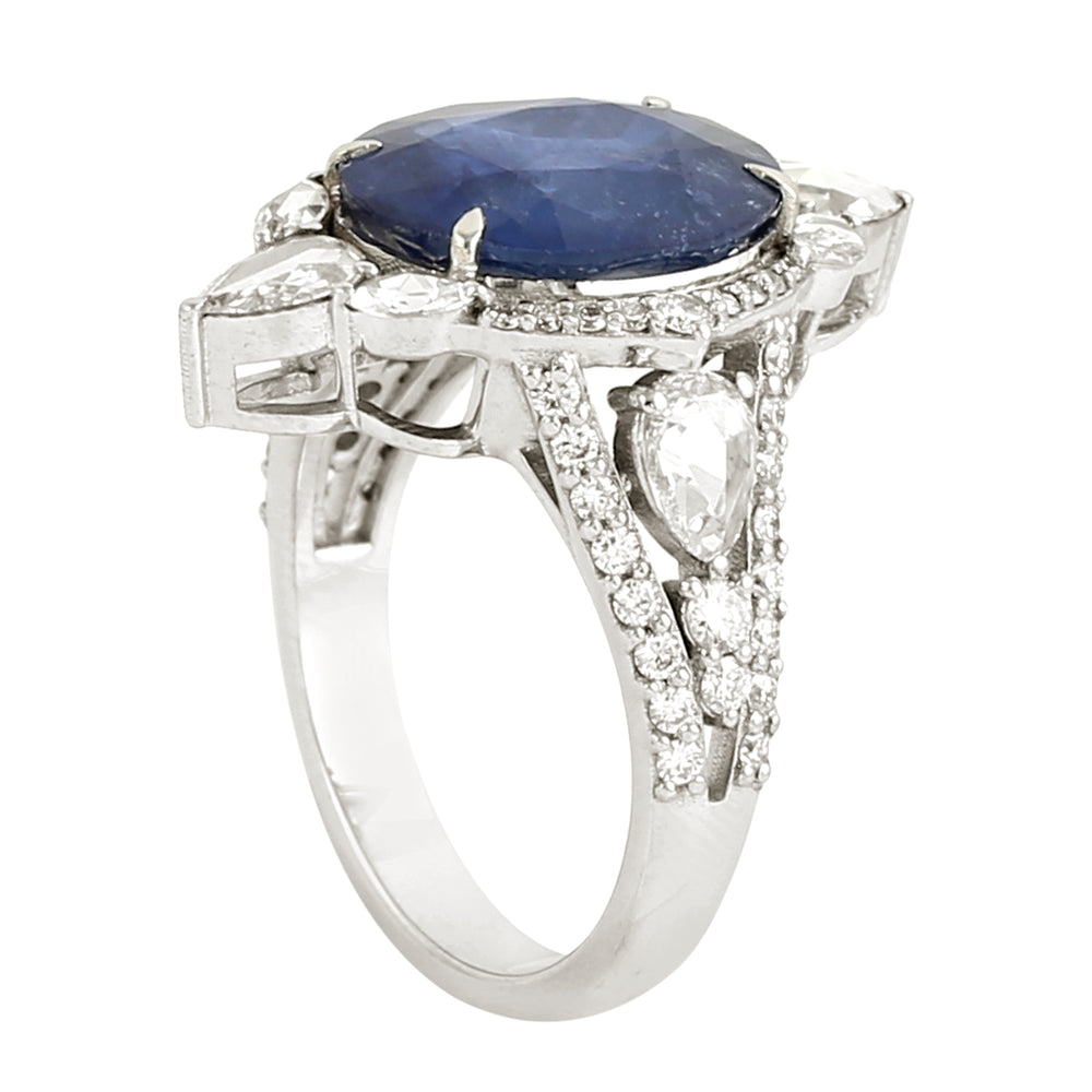Blue Sapphire Rose Cut Diamond In 18K White Gold Solitaire Ring For Her