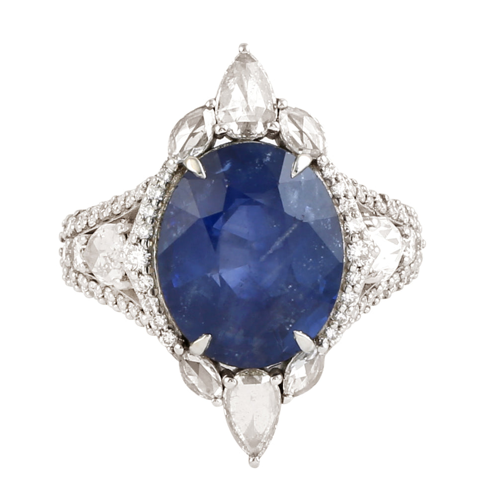 Blue Sapphire Rose Cut Diamond In 18K White Gold Solitaire Ring For Her