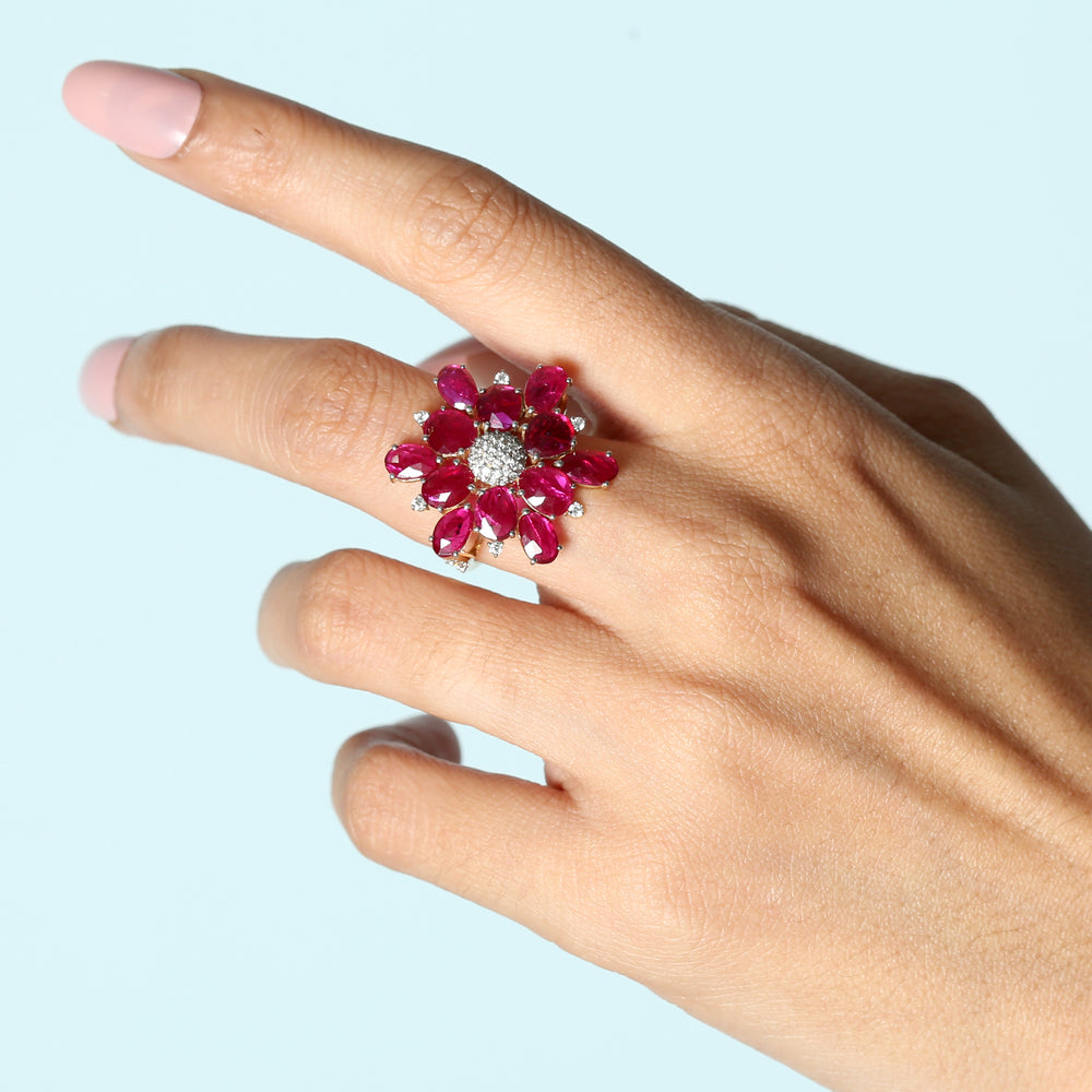 Faceted Oval Cut Ruby Pave Diamond Beautiful Daisy Cocktail Ring In 18k Yellow Gold Ring