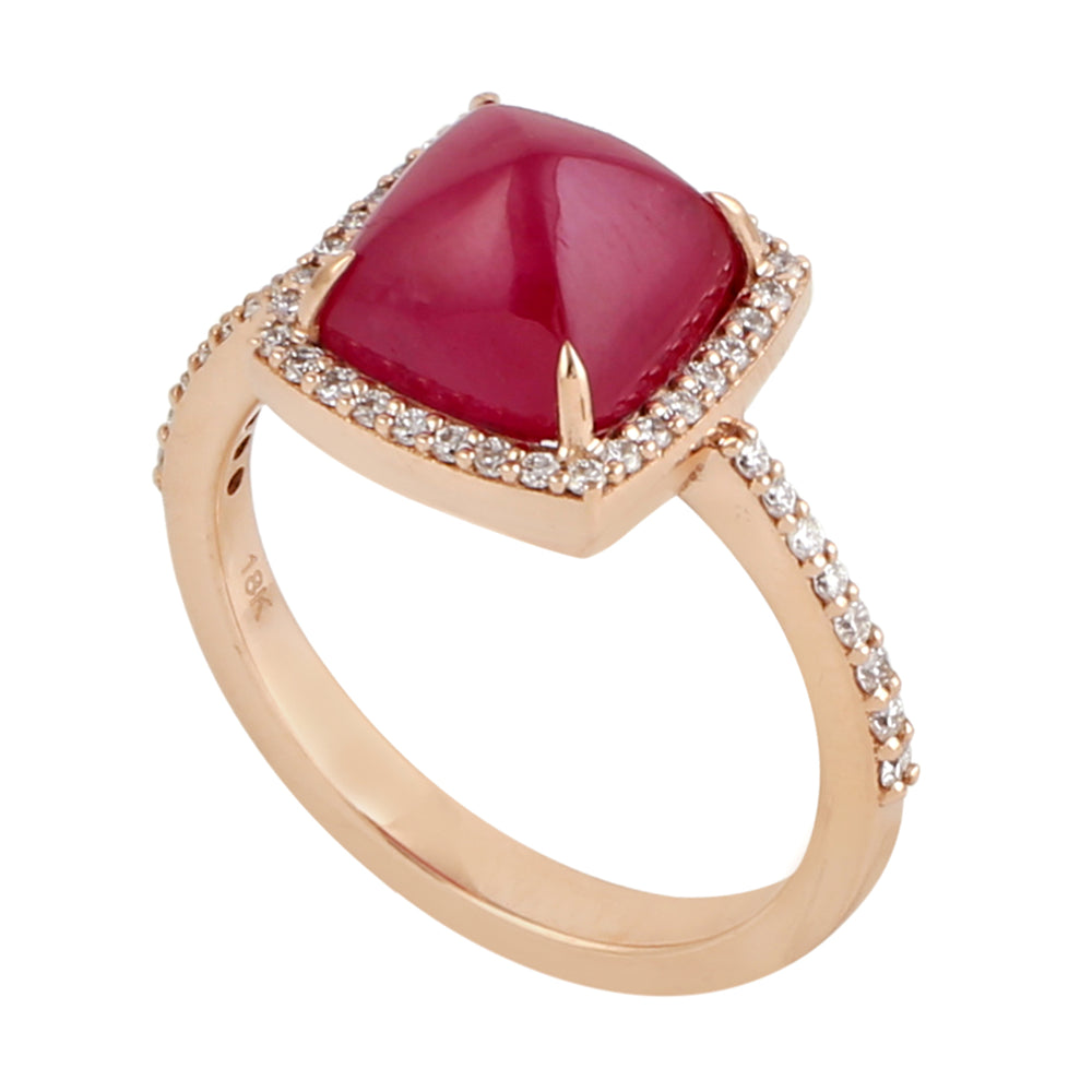 18k Rose Gold Ruby Gemstone Pave Diamond Pyramid Ring For Women