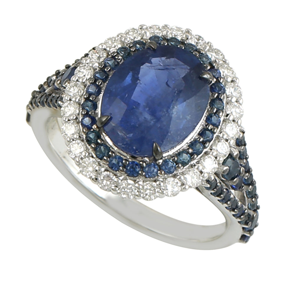 Blue Sapphire Gemstone Pave Diamond In 18k White Gold Solitaire Ring For Her