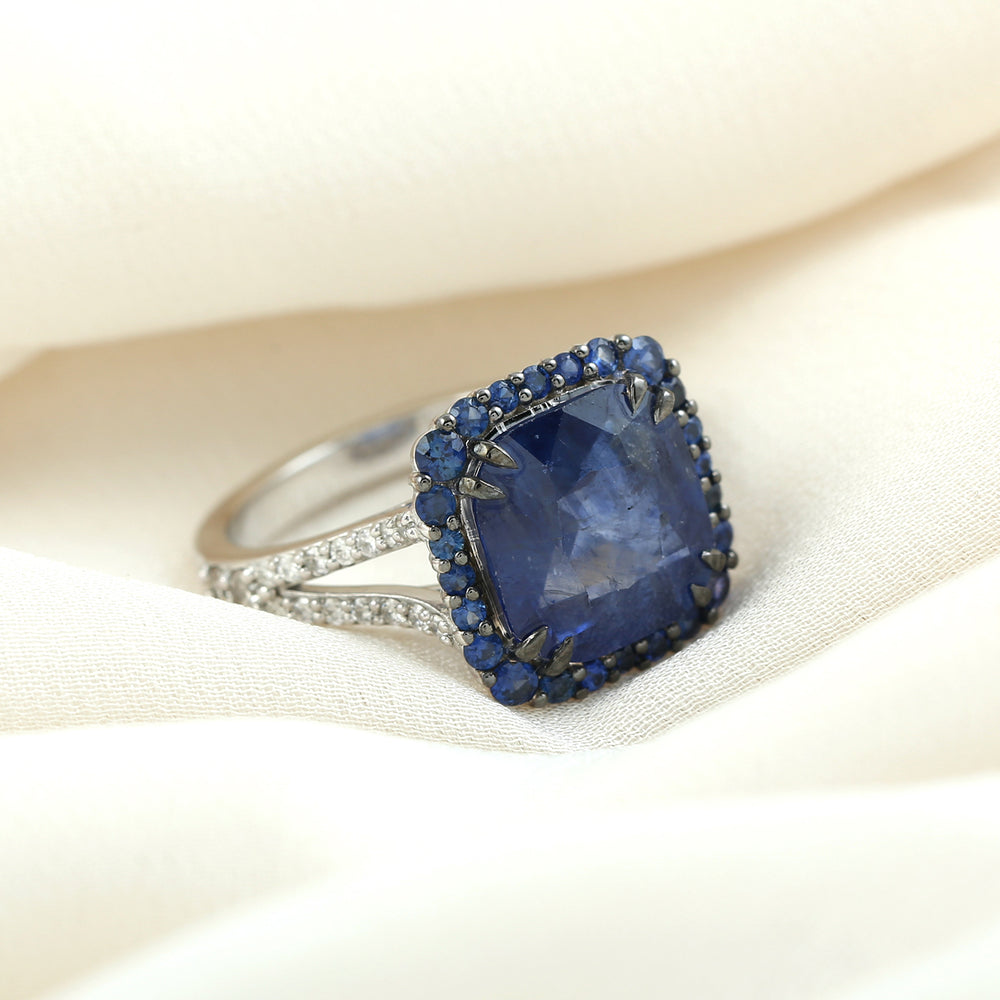 18k White Gold Pave Blue Sapphire Gemstone Pave Diamond Solitaire Ring