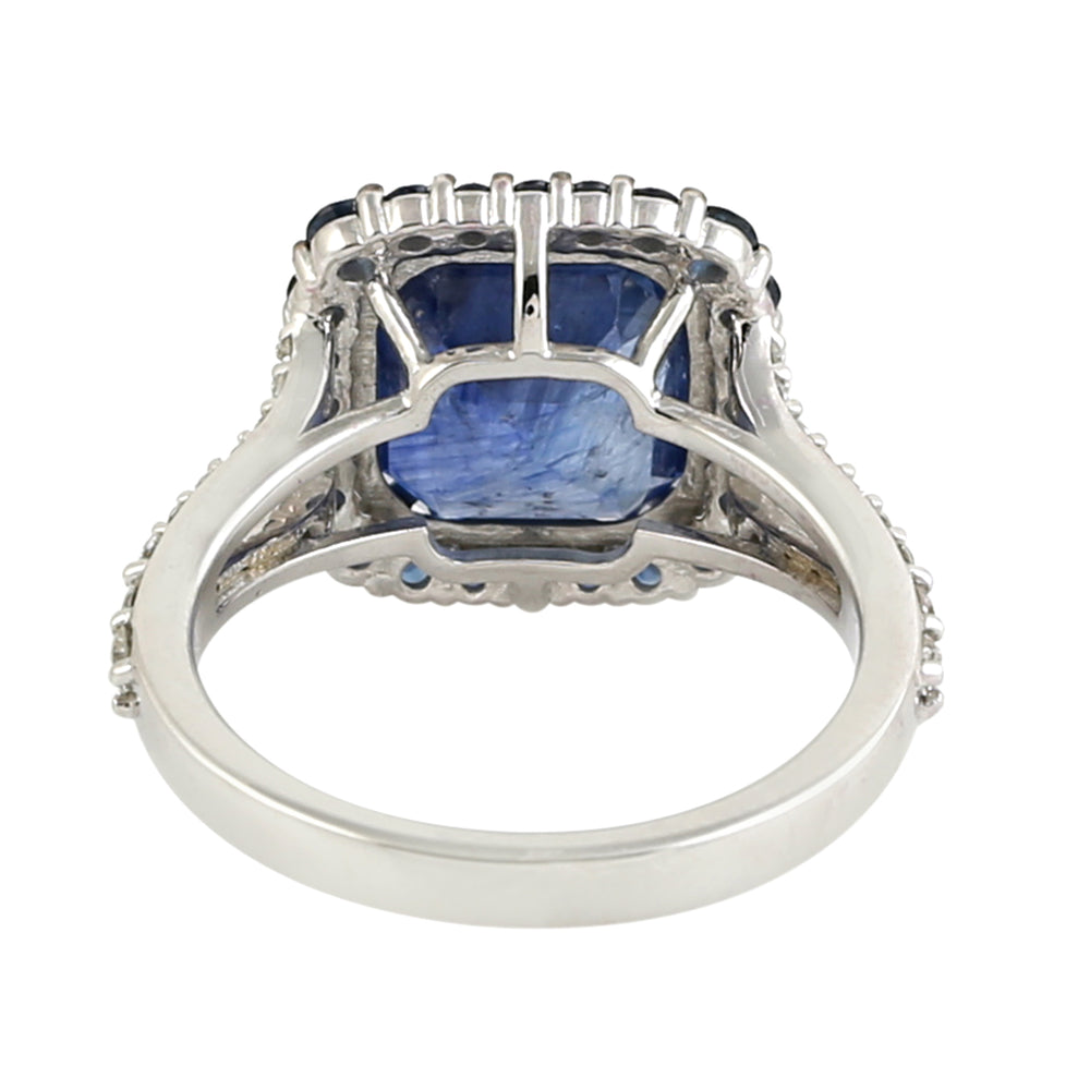 18k White Gold Pave Blue Sapphire Gemstone Pave Diamond Solitaire Ring