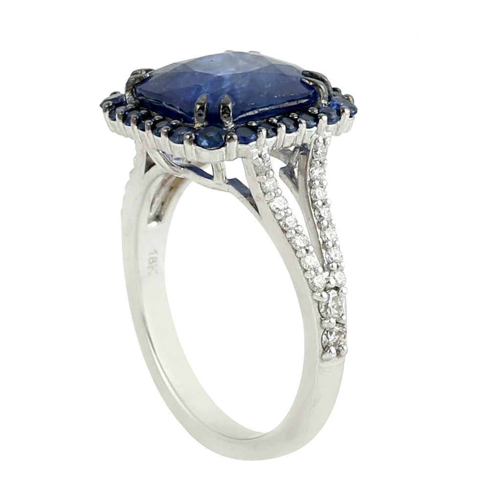 18k White Gold Pave Blue Sapphire Gemstone Pave Diamond Solitaire Ring