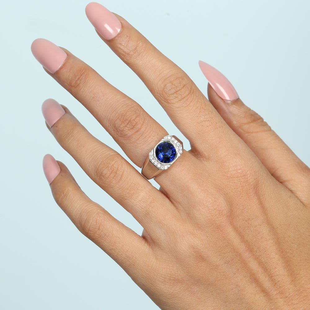 18K White Gold Blue Sapphire & Diamond Men's Signet Ring